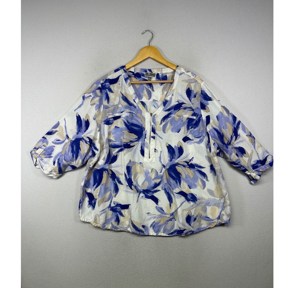 Coastal Lagenlook JM Collection Womens 3X Blue Floral Linen Blend Zip V-Neck Top